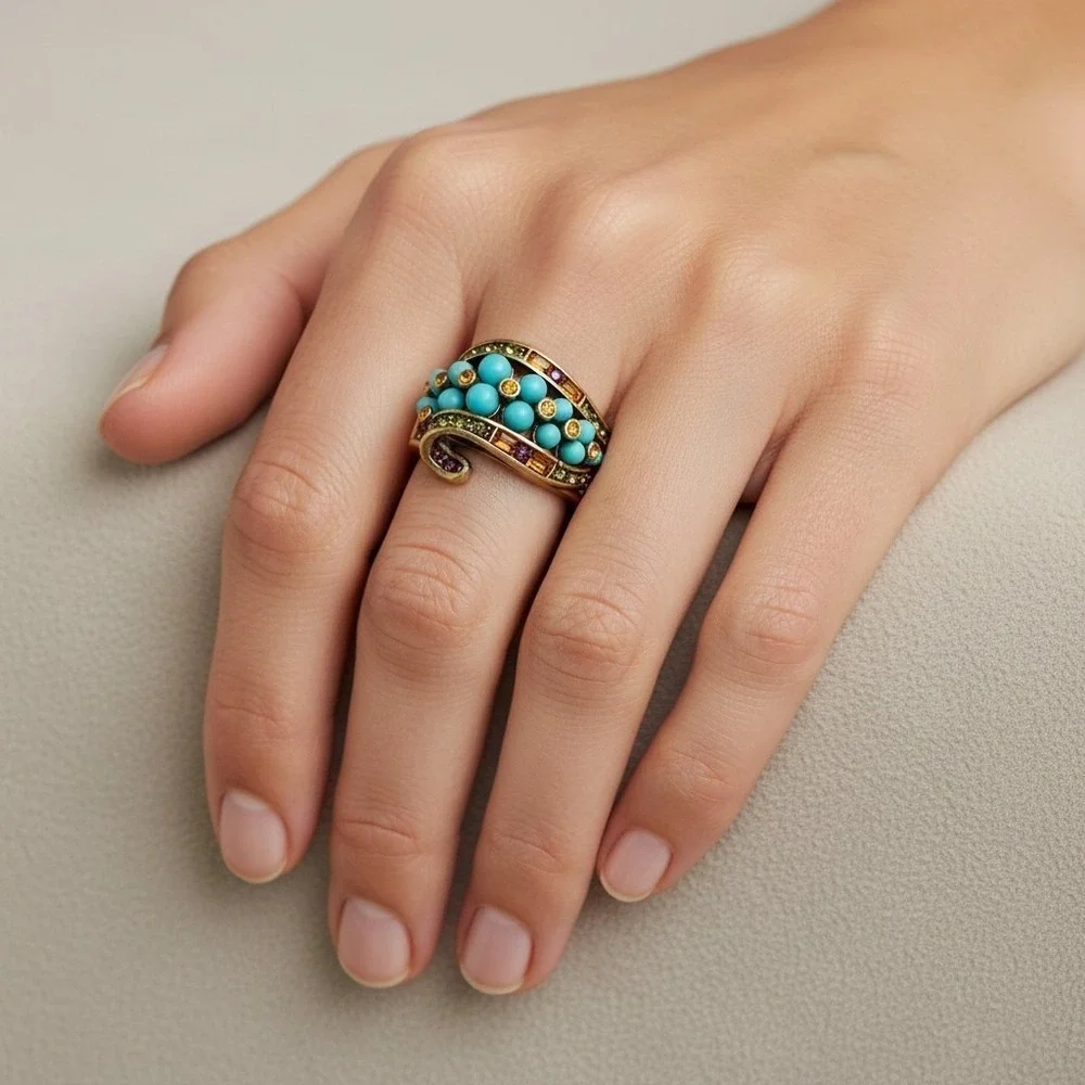 Heidi Daus Faux Turquoise Crystal Ribbon Cocktail Ring Bronzetone Sz10 Art Deco